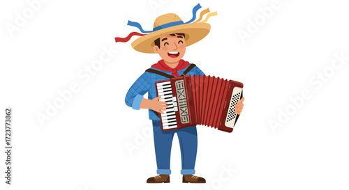 Happy man in traditional clothing playing red accordion.