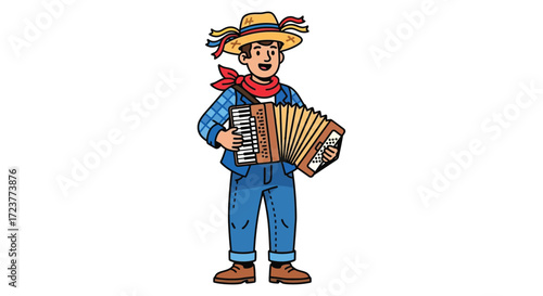 A cheerful cartoon man wearing a straw hat with ribbons and a red bandana, happily playing a traditional accordion.