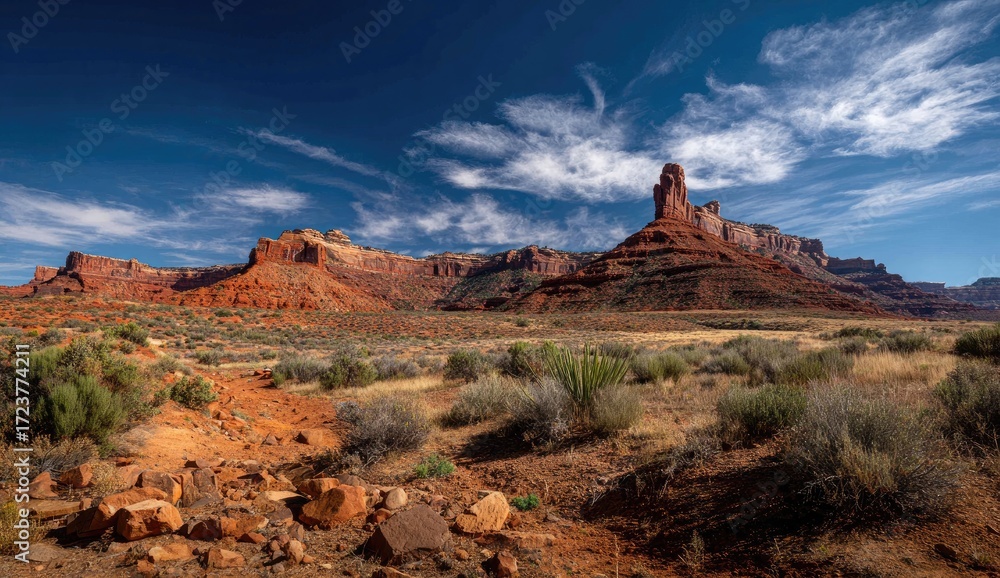 Naklejka premium Red rock landscape under a vibrant blue sky. Vast desert landscape with buttes and mesas, scattered scrub and low vegetation. A clear path winds through the foreground