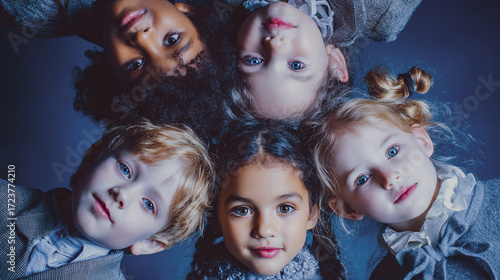 Wallpaper Mural Stylishly dressed children of different ethnic backgrounds head to head in a circle looking directly at the camera from above. Studio portrait Concept of diversity, childhood, friendship, trust, unity Torontodigital.ca