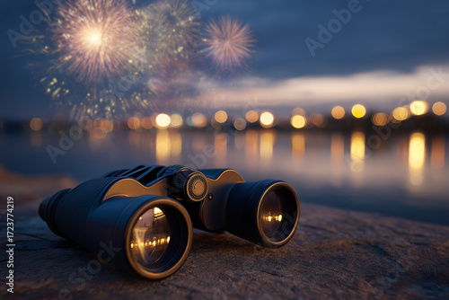 Binoculars placed on rock by the lake under fireworks at night