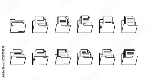 Collection of ten open file folders with documents inside icons set vector