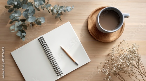 Open blank notebook with spiral binding and pen on wooden desk surface adorned with eucalyptus and dried flowers, beside a cup of coffee on a wooden coaster, perfect for lifestyle or workspace themes