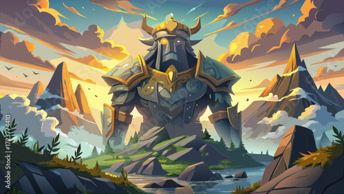 A mountain-sized stone colossus crowned with broken Viking shields awakens at dawn, fjord mist curls around mossy shoulders, and golden sunlight ignites the horizon—majestic Norse fantasy giant, ideal