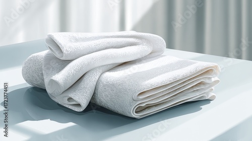 Stack of neatly folded white bed linens with textured fabric design on a bright modern surface in a sunlit room