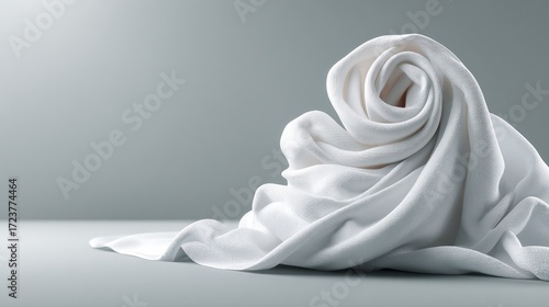 Elegant white silk fabric rolled into a delicate rose shape with smooth flowing textures and soft shadows, minimalistic still life with a contemporary aesthetic for fashion or interior design