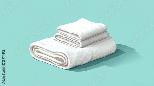 Stack of neatly folded white towels on a soft pastel turquoise background with shadow, suggesting cleanliness, luxury, and spa or hotel amenities in a minimalistic style