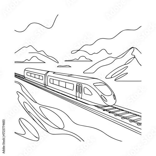 Modern high speed train traveling through scenic mountainous landscape
