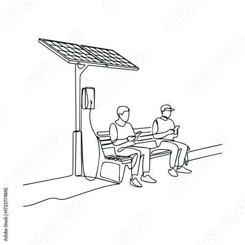 Musicians resting under a solar powered shelter with instruments