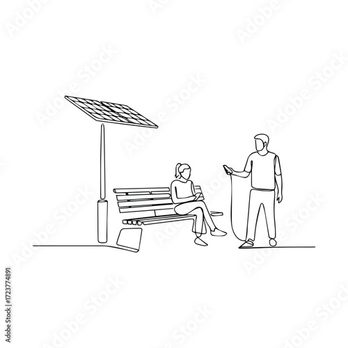 Sketch of people at a solar powered bench with charging station