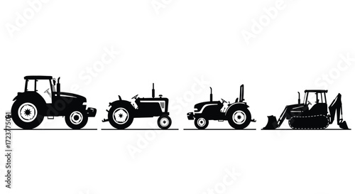 Diverse tractors silhouetted isolated on white representing agricultural machinery evolution vector