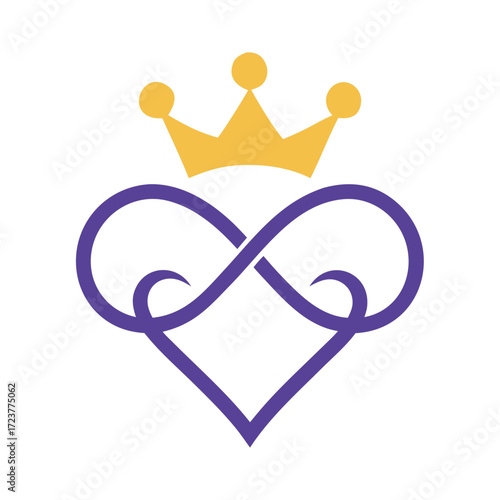 Purple infinity heart symbol with golden crown on white background love eternal
