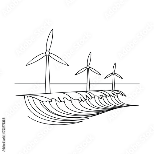 Sketch of offshore wind turbines generating clean energy over stylized ocean waves