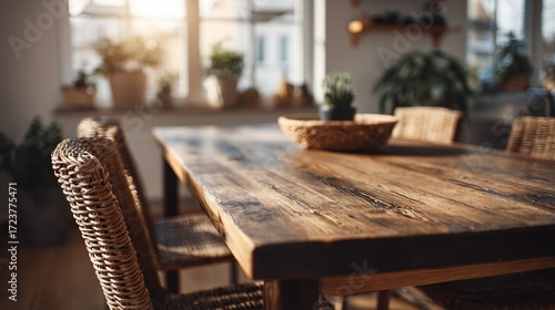Cozy dining room with rustic wooden table and woven wicker chairs illuminated by soft natural sunlight, decorated with potted plants and cozy interior design elements