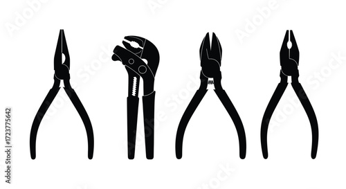 Set of four different types of pliers and wire cutters isolated tool collection vector