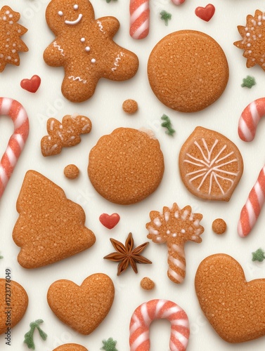 Unique Decorative Design – Festive Gingerbread Cookies and Candy Canes on White Background suitable for art prints, surface design, and product packaging