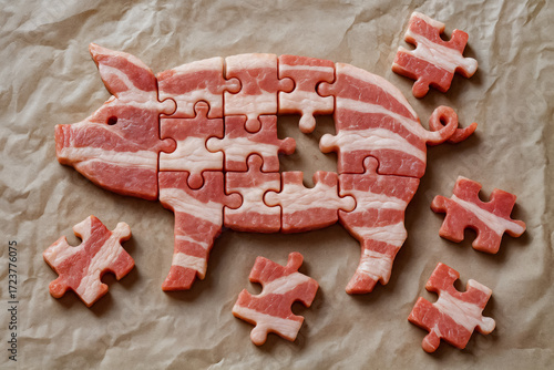 Conceptual Bacon Pig Jigsaw, Butcher Parody with Missing Pieces on Parchment, Playful Commentary on Protein and Sustainability