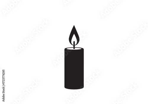 A single black cylindrical candle with a lit flame on top a simple icon illustration