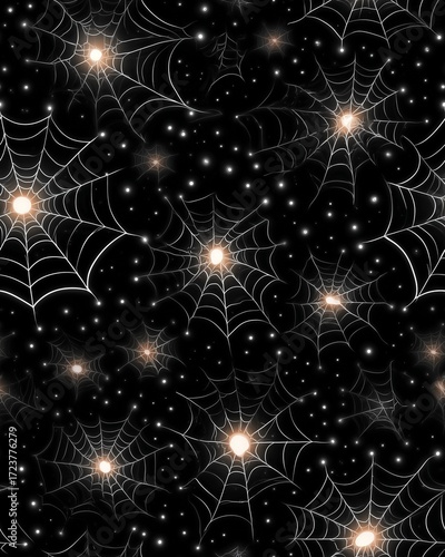 Unique Decorative Design – Eerie Spider Web Pattern Against Starry Night Background suitable for art prints, surface design, and product packaging
