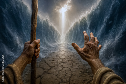 Prophet’s Hands Before Divided Waters, Staff Raised as Sunbeam Opens Path Through Thunderous Sea, Epic Exodus Vision