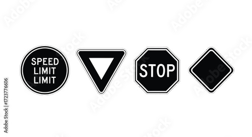 Collection of essential road signs including speed limit stop and warning symbols vector