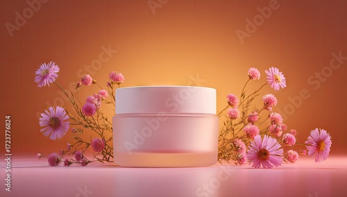 Wallpaper Mural Cosmetic cream jar surrounded by delicate pink flowers and soft warm lighting. Torontodigital.ca