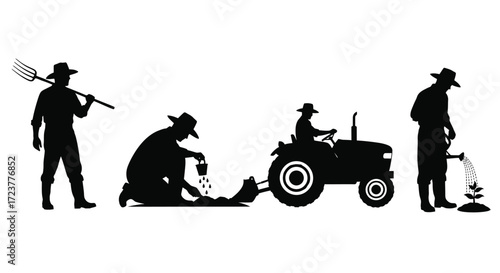 Evolution of agriculture farmers and technology from manual labor to modern tractor farming vector