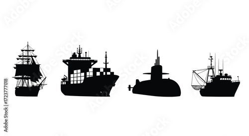 Diverse maritime vessels silhouettes collection featuring sailing ships cargo ships submarines and fishing boats vector