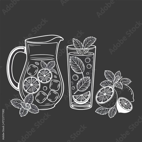 A vector illustration of a vintage vase with a decoration of flowers and fruit, a beverage design
