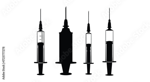 Collection of medical syringes in varying sizes ready for injection vector