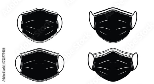 Four black face masks showing different angles for protection and health awareness vector