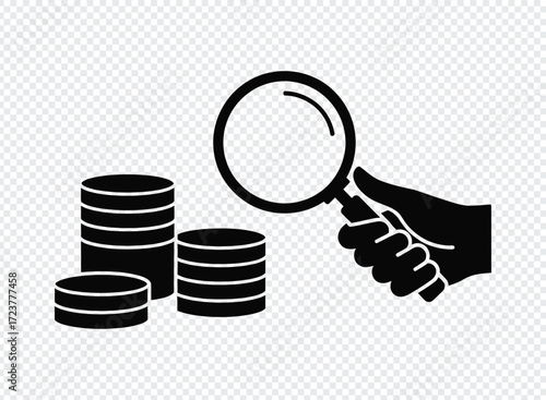 Hand holding magnifying glass over stacked coins symbolizing financial research