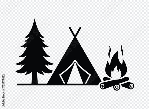 Black silhouette of a teepee tent pine tree and campfire