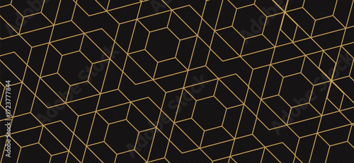 A captivating geometric pattern graces a dark background, showcasing golden lines that intertwine to form a striking tessellated design with hexagons and trapezoids