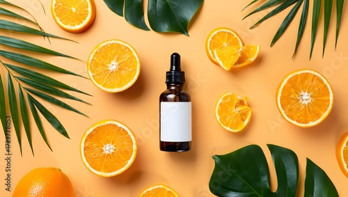 Vitamin c serum skincare beauty product with oranges and tropical leaves flat lay top view shot
