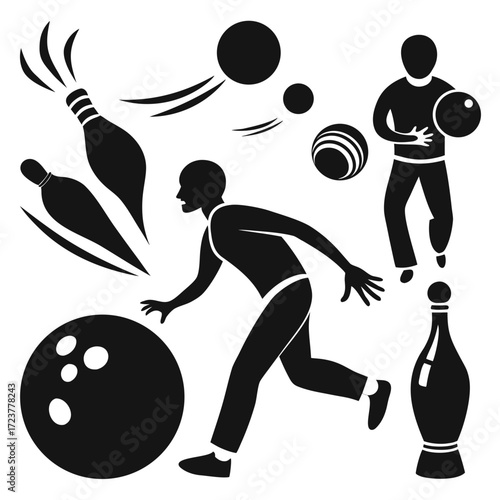 Bowling game silhouettes with players and pins