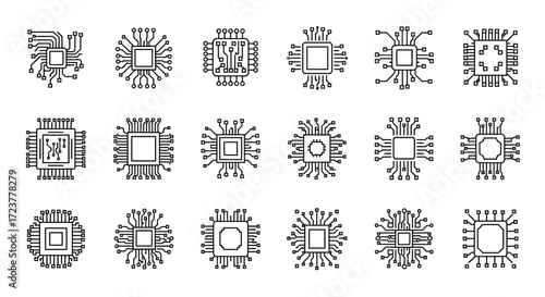 Collection of stylized circuit board icons representing technology and digital innovation patterns vector