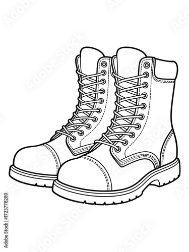 Black and white line drawing of a pair of work boots