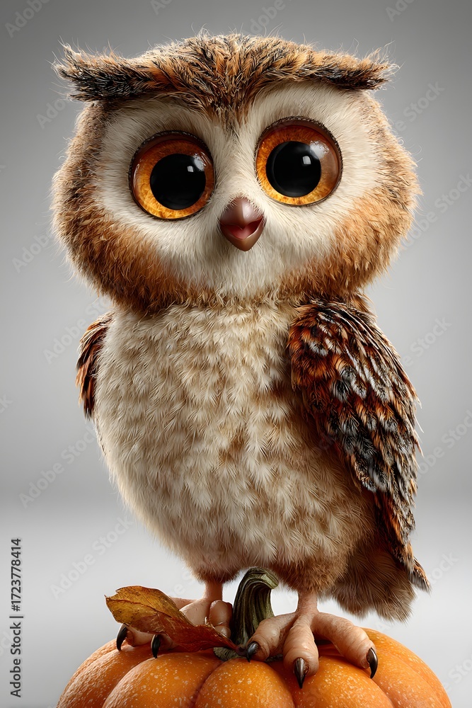 Obraz premium 3D cartoon owl sitting on pumpkin cheerful eyes smiling isolated on white background