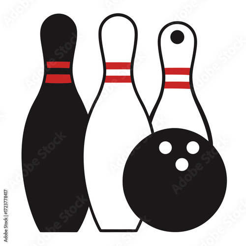 Three bowling pins and a bowling ball on black background
