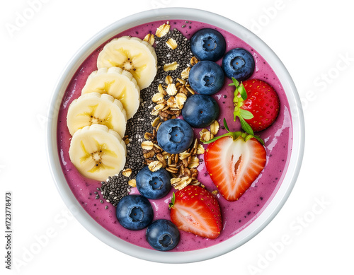 Acai smoothie bowl with banana strawberry blueberry isolated png transparent background