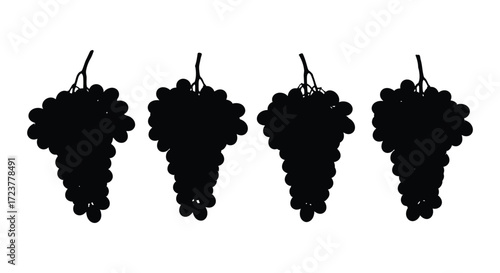 Four dark silhouette clusters of ripe grapes hanging on stems minimalist food graphics vector