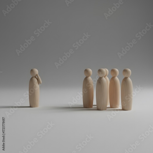 Wooden figures representing a group of people and an individual standing apart