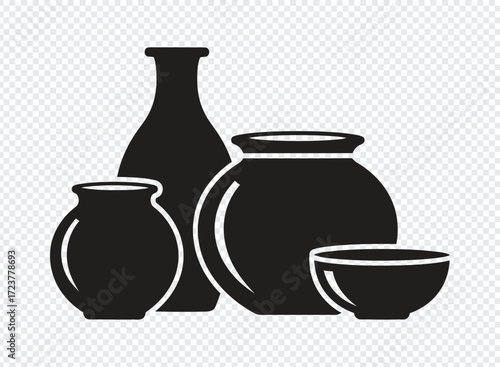 Silhouette of four traditional ceramic pottery vessels and bowls