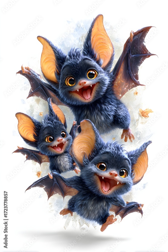 Obraz premium 3D cartoon bat family flying happily cheerful faces isolated on white background