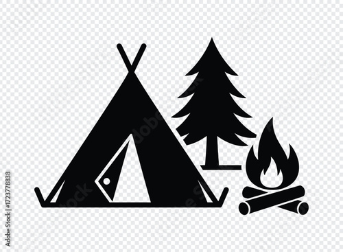 Black silhouette of a camping tent pine tree and campfire
