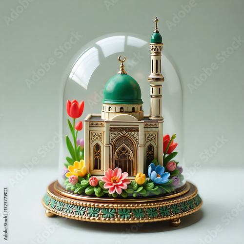 Sanctuary in Bloom: Miniature Mosque Under Glass Dome