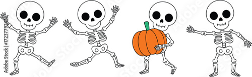 Halloween, skeleton, pumpkin, ghost, witch, spooky, festive, autumn, holiday, cartoon, candy, bat, moon, grave, tree, night, party, fun, scary, illustration