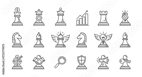 Set of hand-drawn chess pieces and strategic icons for board game and business concepts vector
