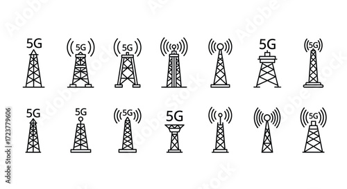 Collection of diverse 5g cellular tower icons representing wireless communication technology vector